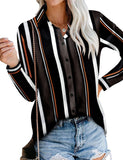 1 x RAW Customer Returns CZIMOO Women s Shirt Long Sleeve Casual V-Neck Shirt with Chest Pockets Elegant Striped Blouses Oversized Tops Brown 3XL - RRP €24.0