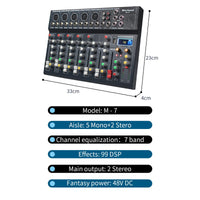 1 x RAW Customer Returns Micfuns M7 Audio Mixer with USB DJ Sound Mixing Console 99DSP 5V TYPE-C supply,With Bluetooth MP3 jack 48V power supply 7-channel ribbon mixer for PC recording - RRP €93.78