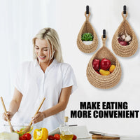 1 x Brand New Fruit Basket Hanging Wall for Kitchen, Wall Hanging Vegetable and Fruit Basket, Plant Basket Decorative Hanging Basket, Hand Woven Kitchen Storage Wall Basket Fruit Baskets, 3 Hooks, Kitchen, Restaurant, Storage - RRP €21.17