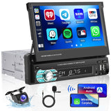 1 x RAW Customer Returns Hikity 1 Din Apple Carplay Car Radio with Extendable Screen Android Car Radio with 7 Inch Touch Display Radio with Bluetooth Handsfree FM USB AUX Rear View Camera - RRP €112.8