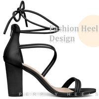 1 x RAW Customer Returns Perphy Women s Open Toe Strappy Lace Up Chunky Heel Sandals Black 42 - RRP €68.99