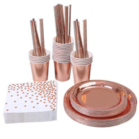 1 x RAW Customer Returns Amycute Disposable Tableware Rose Gold 16 Guests - Paper Plates, Cups, Straws, Napkins, Paper, Decoration, Table, for Rose Gold, Decoration, Party, Birthday, Wedding, Baby Shower, Baptism, Girls, Women, - RRP €20.4