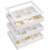 1 x RAW Customer Returns Vlando Stackable Jewelry Trays Glass Lid, Jewelry Box Women with 3 Levels, Jewelry Organizer Drawers Made of Soft Velvet, Leather Storage Box Jewelry Box for Ring Earring Necklace - RRP €34.27