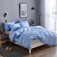 1 x RAW Customer Returns Freyamy Seersucker Bed Linen 155x220cm 2-piece Blue Embossed Stripes Structured Bedding Sets Plain Brushed Microfiber Soft Duvet Cover with Zipper and 1 Pillowcase 80x80cm - RRP €28.09