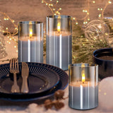 1 x RAW Customer Returns Rikiss LED candles flameless in glass, grey flickering candles, column 7 x 10 12 15 CM battery operated, candles with remote control and timer function - RRP €25.2