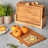 1 x RAW Customer Returns Cutting board 4 pieces set with storage stand Kitchen board made of bamboo Bamboo boards set for meat, vegetables, cheese, fish - RRP €25.21