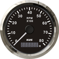 1 x RAW Customer Returns KUS Universal Tachometer Tachometer with Operating Hours Counter 8000 RPM for Petrol Engine 85 mm 12 V 24 V with Backlight Black  - RRP €44.32