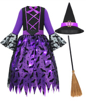 1 x RAW Customer Returns Geplaimir Witch Costume Children s Witch Costume Girls Carnival Wizard Costume with Light Witch Dress with Witch Hat Witch Broom Luminous Witcher Costume Outfit Set for Carnival Halloween G073XS - RRP €35.99