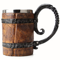 1 x RAW Customer Returns OTARTUDE Faux Oak Medieval Retro Viking Stainless Steel Beer Mug 500ml Unique Gift - RRP €30.35