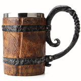 1 x RAW Customer Returns OTARTUDE Faux Oak Medieval Retro Viking Stainless Steel Beer Mug 500ml Unique Gift - RRP €30.35