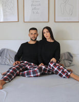 1 x RAW Customer Returns Uniexcosm Women s Cotton Pajama Set Long Two-Piece Sleepwear Raglan Sleeves Sleepwear and Checked Pajama Trousers Leisure Suit Style 1 Black L - RRP €35.99