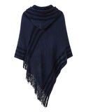 1 x Brand New Ferand Poncho Women s Cape with Hood, Zigzag Design and Pretty Fringed Hem, Navy Blue, One Size - RRP €24.0