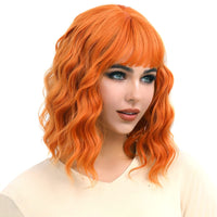 1 x RAW Customer Returns Colorful panda Orange short wavy bob wigs with bangs for women, shoulder length curly synthetic wig, natural hair heat resistant fiber wig 14 inches - RRP €23.17