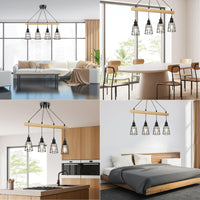 1 x RAW Customer Returns FORCOSO Wooden Pendant Light 4 Bulbs with Black Grid Shade - Modern Hanging Lamp Wood, E27 Vintage Hanging Light Ceiling Light Dining Table Wood for Living Room Bedroom Kitchen - Without Light Bulb - RRP €69.99