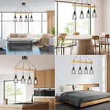 1 x RAW Customer Returns FORCOSO Wooden Pendant Light 4 Bulbs with Black Grid Shade - Modern Hanging Lamp Wood, E27 Vintage Hanging Light Ceiling Light Dining Table Wood for Living Room Bedroom Kitchen - Without Light Bulb - RRP €69.99