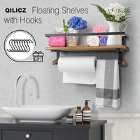 1 x RAW Customer Returns QILICZ wooden wall shelf, floating shelf - 2 pieces of shelf with towel holder and 8 hooks, ideal for kitchen, living room, bathroom and other wall decoration - RRP €30.16