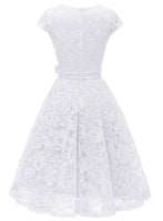 1 x RAW Customer Returns MUADRESS 6008 Short Pleated Lace A-Line Cocktail Dress with Belt and Short Sleeve Elegant Women White L - RRP €42.99