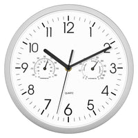 1 x RAW Customer Returns Foxtop Wall Clock with Temperature Display and Humidity Modern No Ticking Noises Silent Clock for Kitchen Living Room Bathroom Bedroom Silver, 25 cm  - RRP €23.99