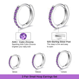 1 x RAW Customer Returns Light purple hoop earrings for women, earrings 925 sterling silver small light purple hoop earrings with AAA zirconia, 3 pairs of hypoallergenic small sleeper huggie hoop earrings - RRP €19.15