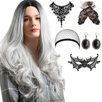 18 x Brand New RANJIMA Wig Women Costume Set, 70cm Wig Ladies Grey Long, Set of 8 Grey Long Wavy Curly Hair, Carnival Wig Grey Long with Hairnet Earrings Lace Necklace Mask Gloves for Carnival - RRP €181.26