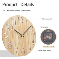 1 x RAW Customer Returns Vihimi 12 Inch Wooden Wall Clock, Maple Wood Grain Clock, Non Ticking Silent Quartz Decorative Clock, Simple Large Number Round Clock - RRP €27.27