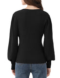 1 x Brand New Tapata Women s Sweater Long Puff Sleeve Knitted Sweater Sweatshirt Ribbed Round Neck Elegant Casual Autumn Tops Comfortable Sweater, Black, Medium - RRP €40.07