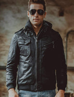 1 x RAW Customer Returns FLAVOR Genuine Leather Jacket Men Removable Hoodie XL, Black  - RRP €169.99