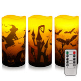 1 x RAW Customer Returns Halloween Candles, Pack of 3 Flameless LED Candles Halloween Decoration Pillar Candles Remote Control Timer Battery Operated Real Wax Candles with Bat Witch Pumpkin Decoration Pattern for Halloween Decoration - RRP €19.15