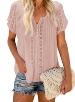 1 x Brand New Dokotoo Women Blouse Summer Short Sleeve Tops Lace Hollow Out T-Shirt Casual V-Neck Shirts Tops, Pink, XXL - RRP €35.28