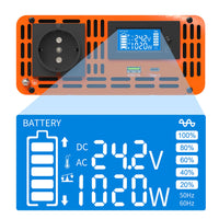 1 x RAW Customer Returns DATOUBOSS 1000W 2000W 24V to 230V pure sine wave inverter voltage converter with EU socket, Type-c connections, LCD display, one 2.1A USB - RRP €140.17