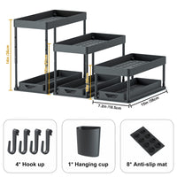 1 x RAW Customer Returns SKYSER Under Sink Shelf Kitchen Organizer 2-Tier Drawer Organizer Liftable Cabinet Organizer Kitchen, with 4 Hooks, 8 Non-Slip Pads 1 Hanging Cup Organizer Storage Black  - RRP €23.0