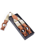 1 x RAW Customer Returns Men s Suspenders Bow Tie Set 2 WAY TO WEAR 6 Leather Buttonhole 3 Clips Y-Shape 3.5cm Wide Extended Suspenders for Height 160-200cm - Beige - RRP €27.79