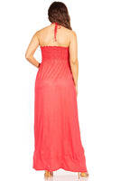 1 x Brand New Sakkas 5026 Comfortable Jersey Feel Solid Color Smocked Bodice String Halter Maxi Long Dress - Coral Medium - RRP €41.99