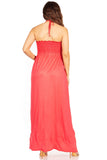 1 x Brand New Sakkas 5026 Comfortable Jersey Feel Solid Color Smocked Bodice String Halter Maxi Long Dress - Coral Large - RRP €41.99