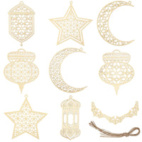 34 x Brand New 9 Pieces Wooden Pendant Ornaments Hollow Ramadan Kareem Decoration Star Moon Wind Light Shaped Hanging Ornament Happy Eid Hanging Sign for Ramadan Mubarak Eid Party - RRP €693.6