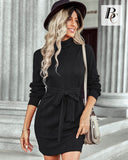 1 x RAW Customer Returns BebreezChic Knitted Dresses Women Turtleneck Casual Long Sleeve Mini Dress Sweater Dresses Solid Color Elegant Casual with Belt, Black L - RRP €40.33