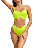 1 x RAW Customer Returns SHEKINI Women s One Piece Swimwear Halter Monokini Adjustable Cutout Elegant One Piece Swimsuits with Brazil Thong Beach Bikini M, Fluo Yellow  - RRP €31.95