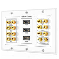 11 x Brand New TNP Home Theater Wall Plate - 3-Gang 7.2 Surround Sound Distribution with Premium Gold Plated Copper Banana Binding Plugs for 7 Speakers, 2 RCA Jacks for Subwoofer, 3 HDMI Ports for UHD 4K - RRP €432.41