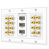 11 x Brand New TNP Home Theater Wall Plate - 3-Gang 7.2 Surround Sound Distribution with Premium Gold Plated Copper Banana Binding Plugs for 7 Speakers, 2 RCA Jacks for Subwoofer, 3 HDMI Ports for UHD 4K - RRP €432.41