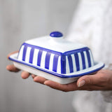 1 x RAW Customer Returns City to Cottage - Ceramic butter dish Blue and white striped Handmade 250 gram ceramic butter dish with lid - RRP €37.95