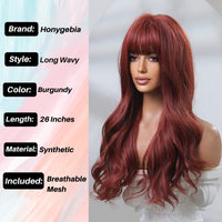 1 x RAW Customer Returns Honygebia Red Wig with Bangs - Red Wigs for Women, Wine Red Long Straight Wavy, Women Natural Realistic Synthetic Heat Resistant Hair for Carnival Costumes Theme Party - RRP €32.99