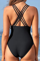 1 x RAW Customer Returns SHEKINI Women s One Piece Swimsuit V Neck Ruched Swimwear Cross Backless Figure Shaping Beachwear Swimsuit M, Black  - RRP €34.95