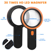 1 x RAW Customer Returns AIXPI Magnifying Glass with Light, 30X Professional Magnifying Glass with 12 LEDs for Reading, Inspection, Exploration, Elderly, Jewelers, Children Black  - RRP €15.99