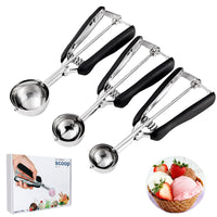 1 x RAW Customer Returns Stainless steel ice cream spoon, ice cream scoop with trigger, 3 pieces of ice cream ball scoop, comfortable ice cream scoop for ice cream balls, mashed potatoes, meatballs, fruit, dough, portioner with tong handle - RRP €26.99