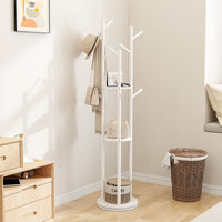 1 x RAW Customer Returns KungFuWood Freestanding Coat Rack, Tree Wood Coat Rack with 3 Shelves and 9 Hooks, Sturdy and Easy to Assemble White Coat Rack, Suitable for Hallways White  - RRP €120.98