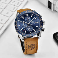 1 x RAW Customer Returns BENYAR Men s Watch Quartz Sport Chronograph Fashion Brand Business Watch Men Brown Leather Watch Waterproof Scratch-Resistant Analogue Automatic Date Elegant Gift Wristwatch Steel Blue  - RRP €42.06