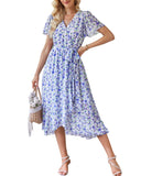 1 x RAW Customer Returns Women s Summer Long Dress V-Neck Short Sleeve Floral Maxi Dress A-Line Ruffle Summer Dress Slit Belt Boho Beach Dress Wrap Dress 2023, B Purple, M - RRP €34.27