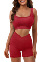 1 x RAW Customer Returns CZIMOO Sport Set Women Tracksuit Unicolor Tracksuit Jogging Yoga Outfit High Waist Shorts Elegant Trousers Fitness Clothing 2 Pieces Red M - RRP €20.16