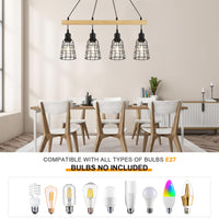 1 x RAW Customer Returns FORCOSO Wooden Pendant Light 4 Bulbs with Black Grid Shade - Modern Hanging Lamp Wood, E27 Vintage Hanging Light Ceiling Light Dining Table Wood for Living Room Bedroom Kitchen - Without Light Bulb - RRP €69.99