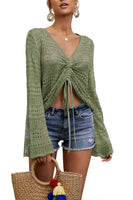 1 x RAW Customer Returns Saodimallsu Women Tops Flowy Oversized Long Sleeve Spring Summer Tops V-Neck Crochet Sexy Sweater Army Green - RRP €30.98